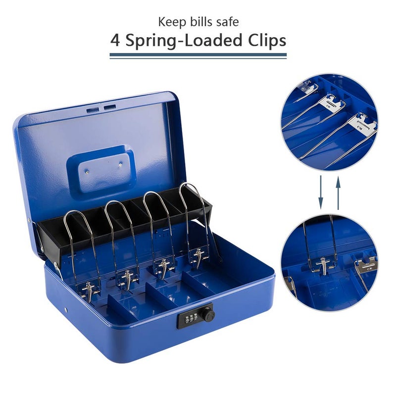 KYODOLED Metal Cash Box with Combination Lock & Spring-Loaded Bill Clips, 5-Compartment Cantilever Coin Tray, Portable Safe for Yard Sales/Craft Fairs/Small Businesses, 11.81â€x9.45â€x3.54â€, Blue - Image 3